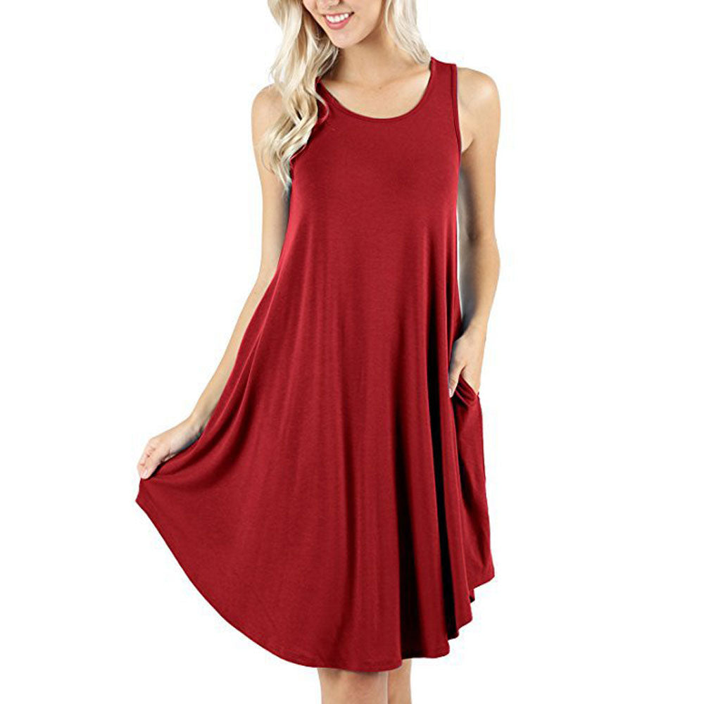 Women Solid Color Sleeveless Pocket Casual Large Hem Summer Dresses