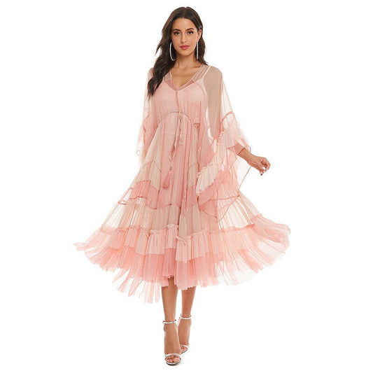 SARAH - Bohemian Pink Mesh Maxi Dress