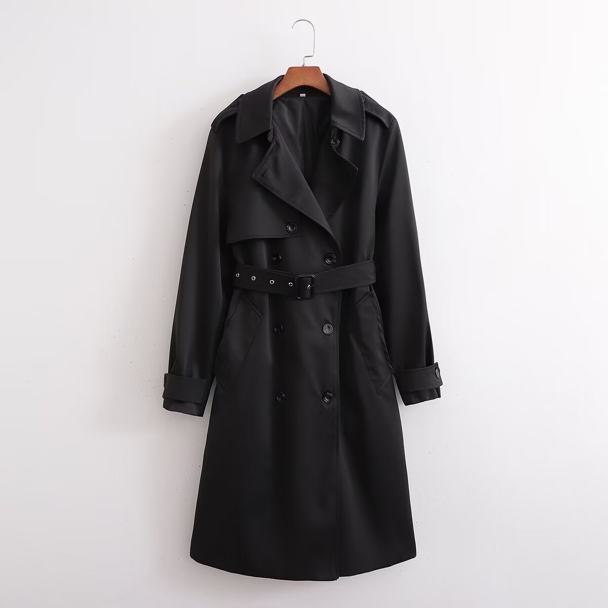 GION - Women's Black Double-Breasted Trench Coat