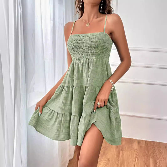 Summer Strap Solid Color Texture Short Dresses