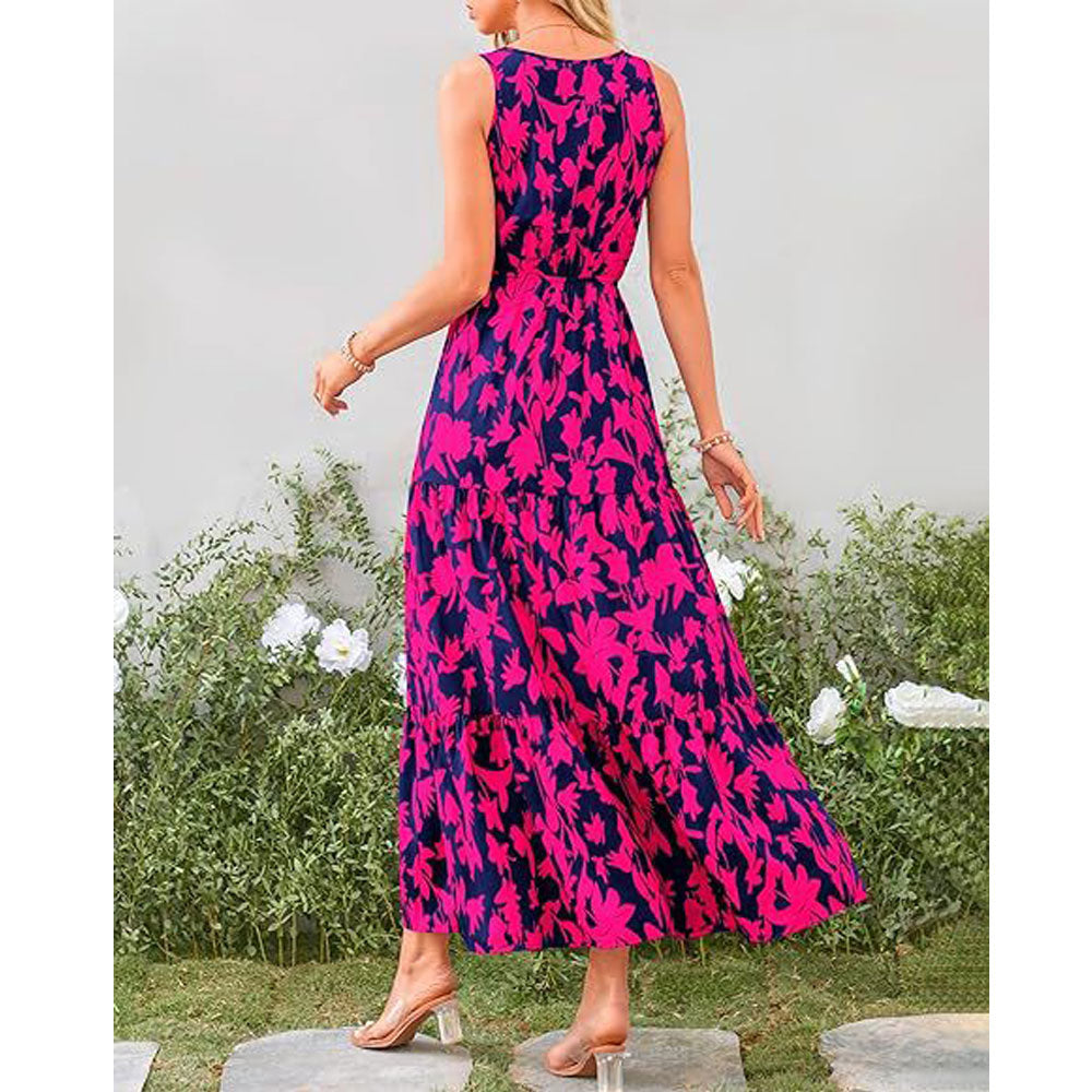 V-neck Elastic Waist Printed Casual Sleeveless Long Dresses