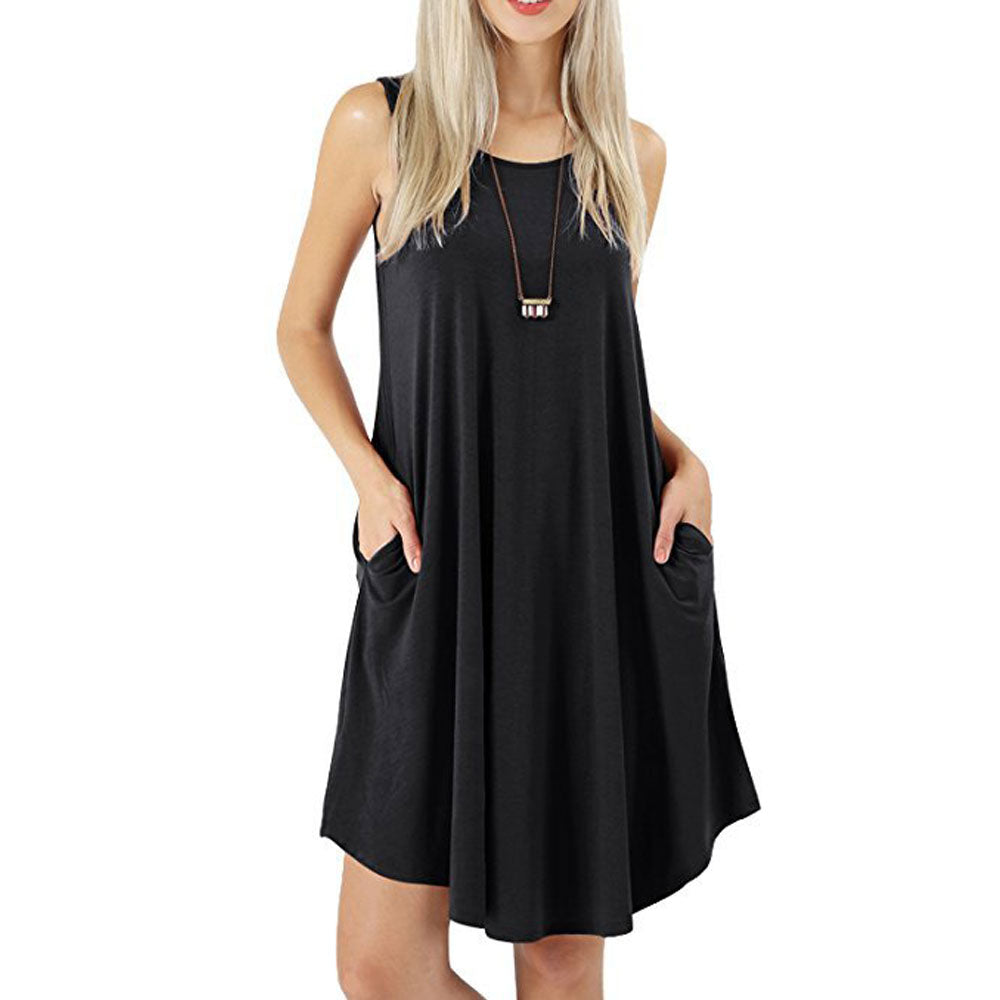 Women Solid Color Sleeveless Pocket Casual Large Hem Summer Dresses