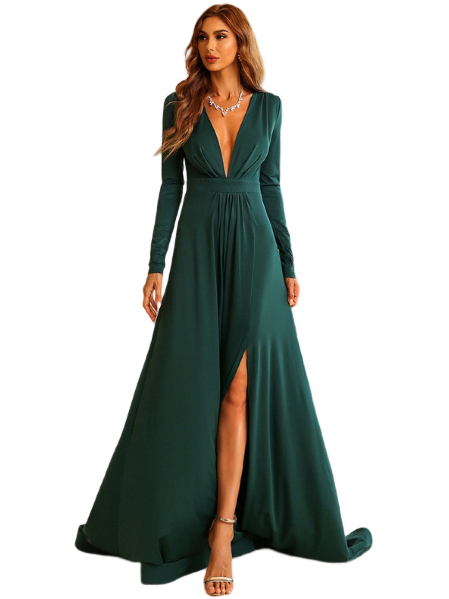 Ruched Surplice A-Line Dipped Long Sleeves-Prom Dress-GD101556