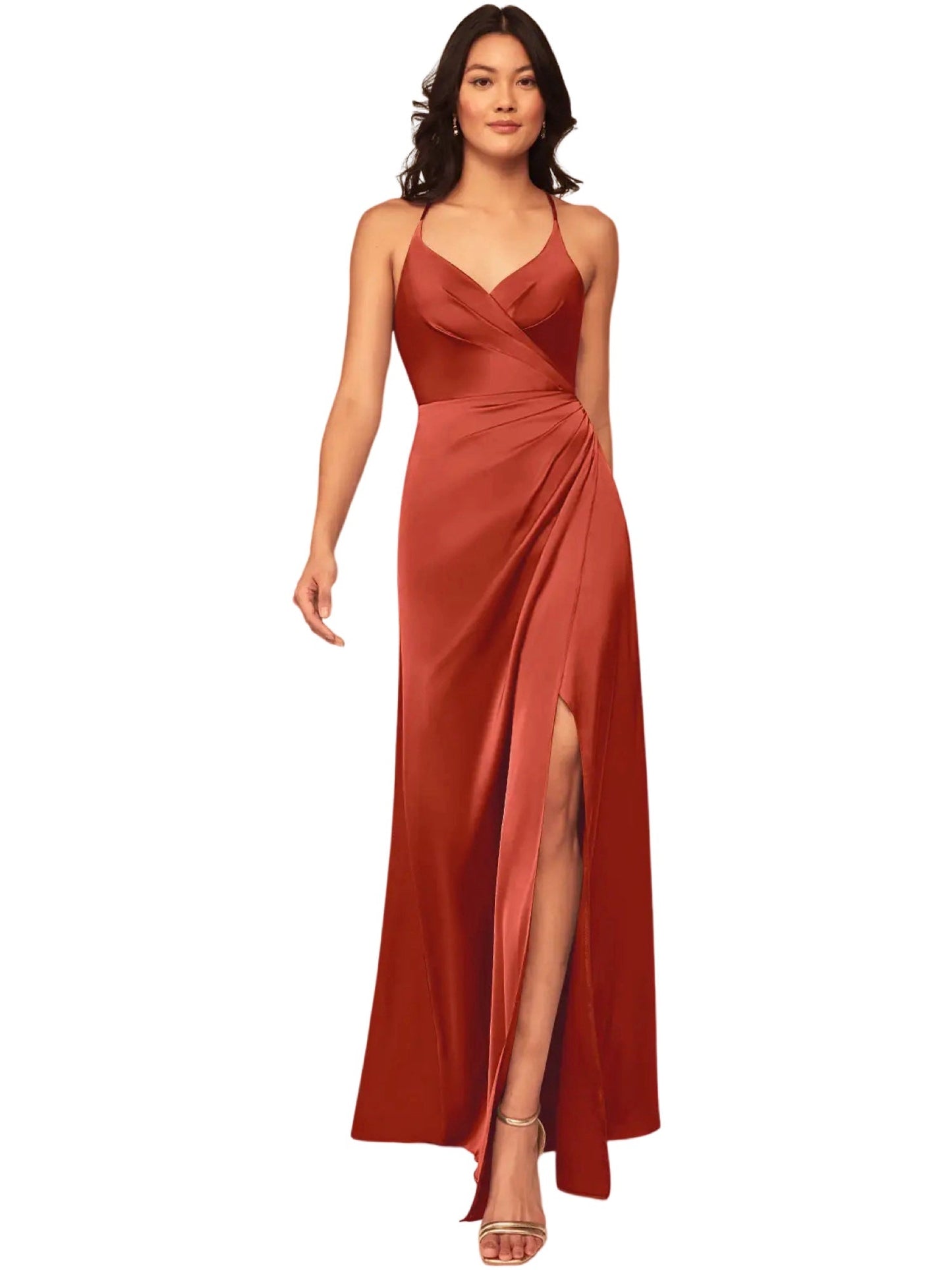 Stretch Satin A-Line V-Neck Sleeveless Dress-GD101875