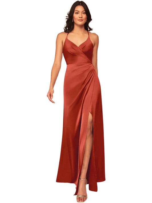 Stretch Satin A-Line V-Neck Sleeveless Dress-GD101875