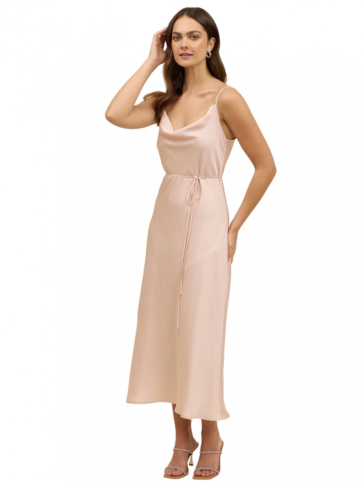 Stretch Satin A-Line Cowl Neck Sleeveless Dress-GD101881