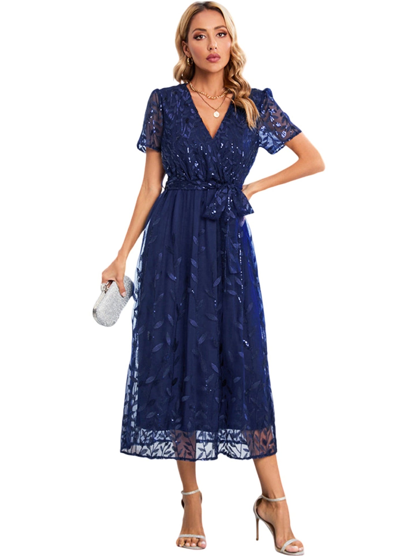 Sequin A-Line V-Neck Half Sleeves Dress-GD101900