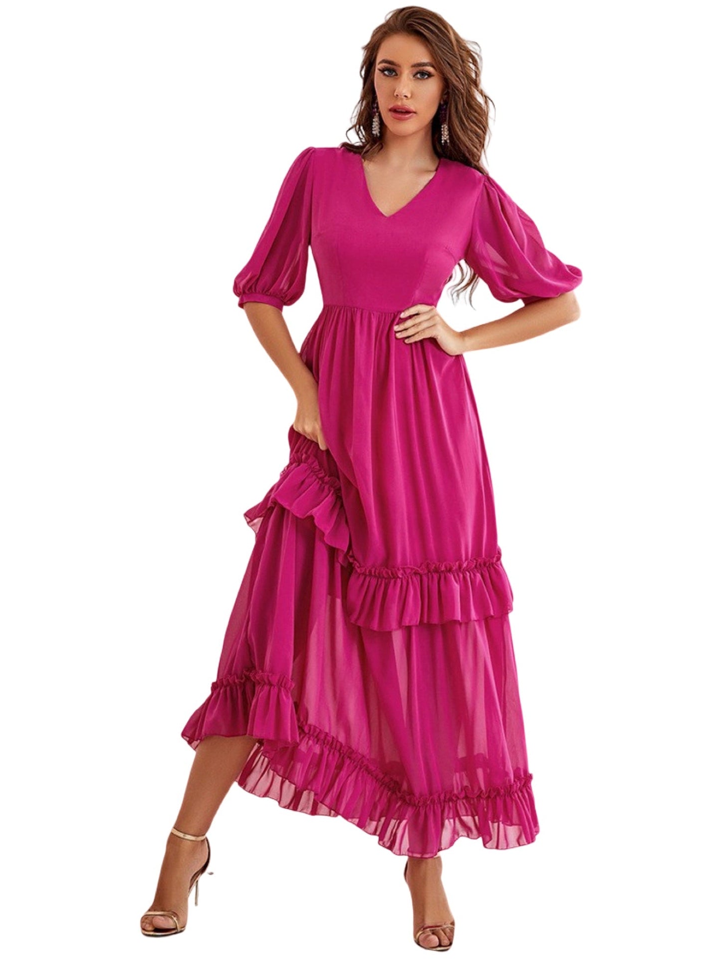 Pearl Chiffon A-Line V-Neck Half Sleeves Dress-GD101905