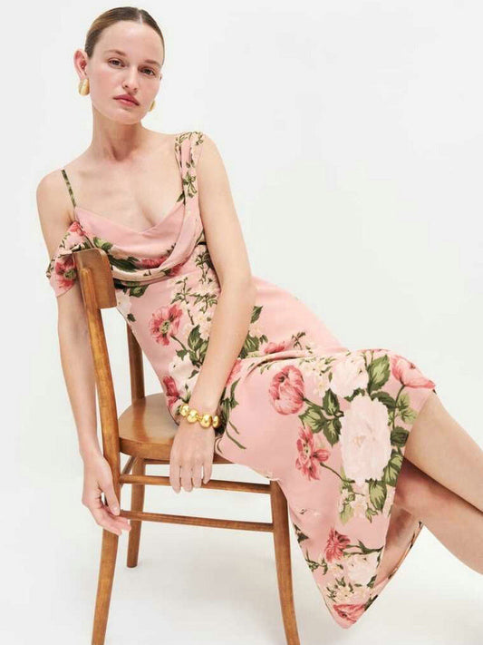 Floral Sheath Cowl Neck Sleeveless Dress-GD200803