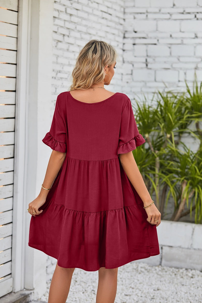 Loose Casual V-neck Short Sleeve Pleated Dresses