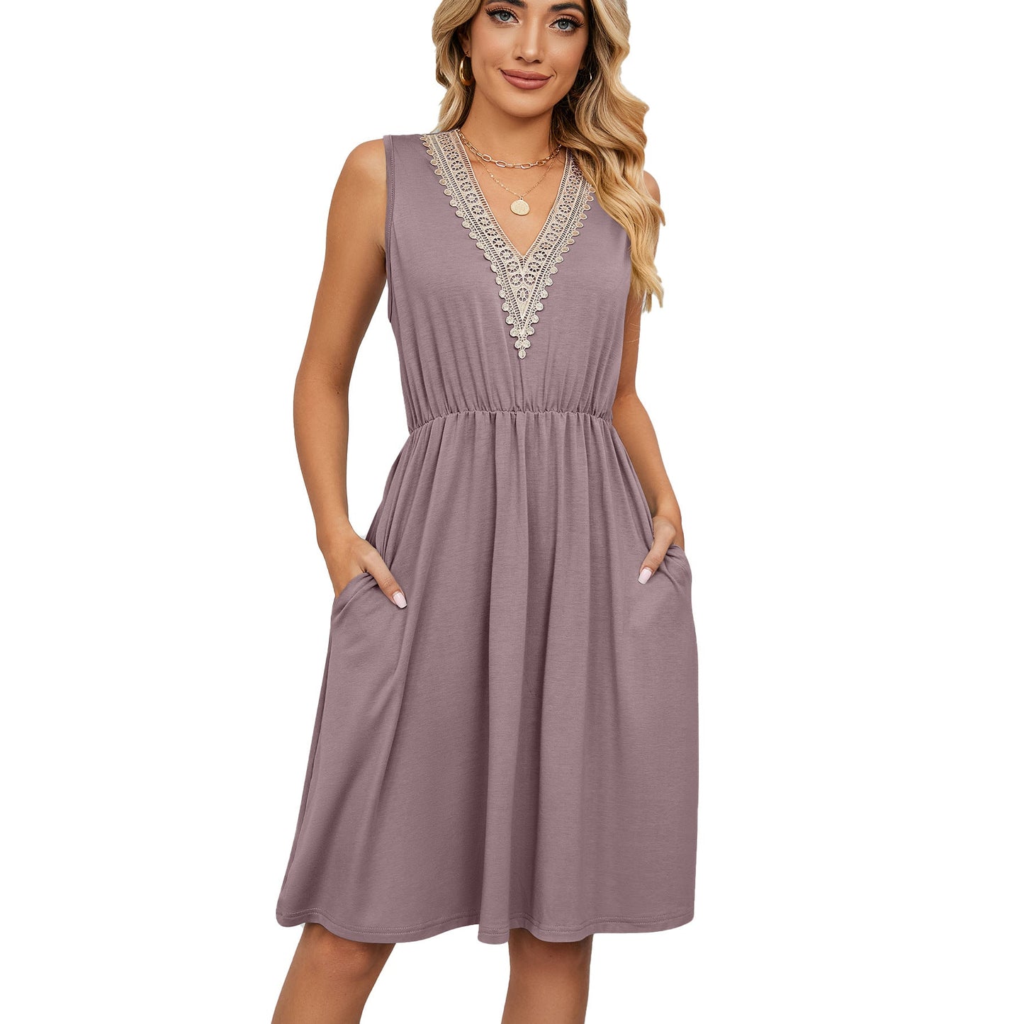 V Neck Lace Sleeveless Summer Dresses