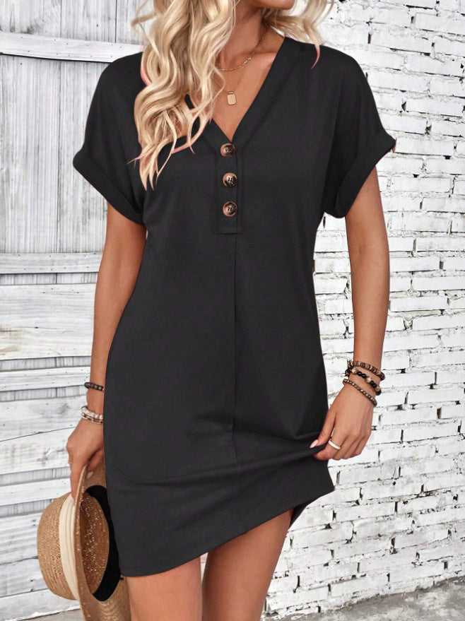 V Neck Button Short Sleeve Summer Casual Dresses