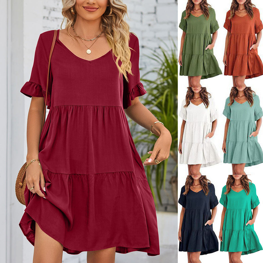 Loose Casual V-neck Short Sleeve Pleated Dresses