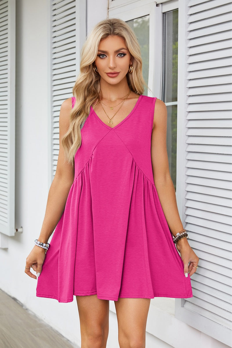 V-neck Sleeveless Pleated Vest Pocket Dresses