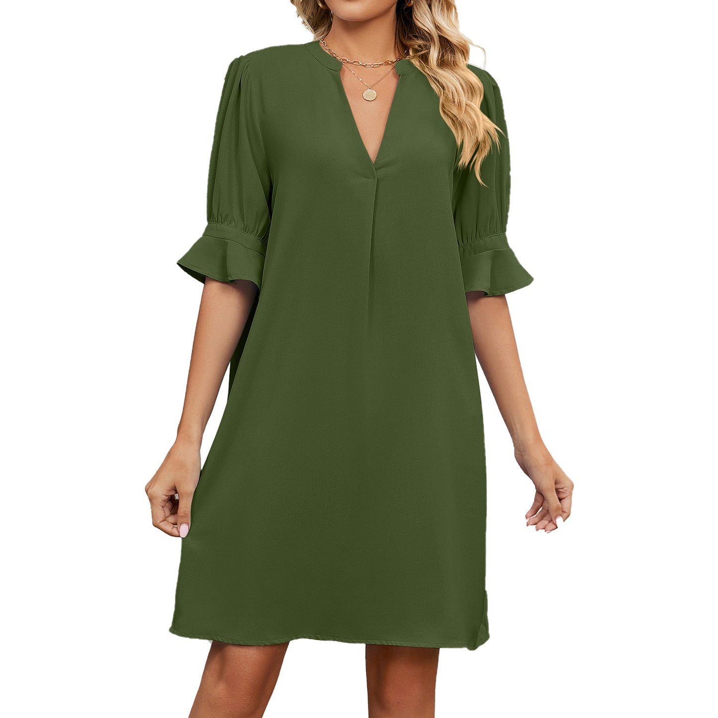 Solid Color V Neck Loose Pleated Dresses for Women