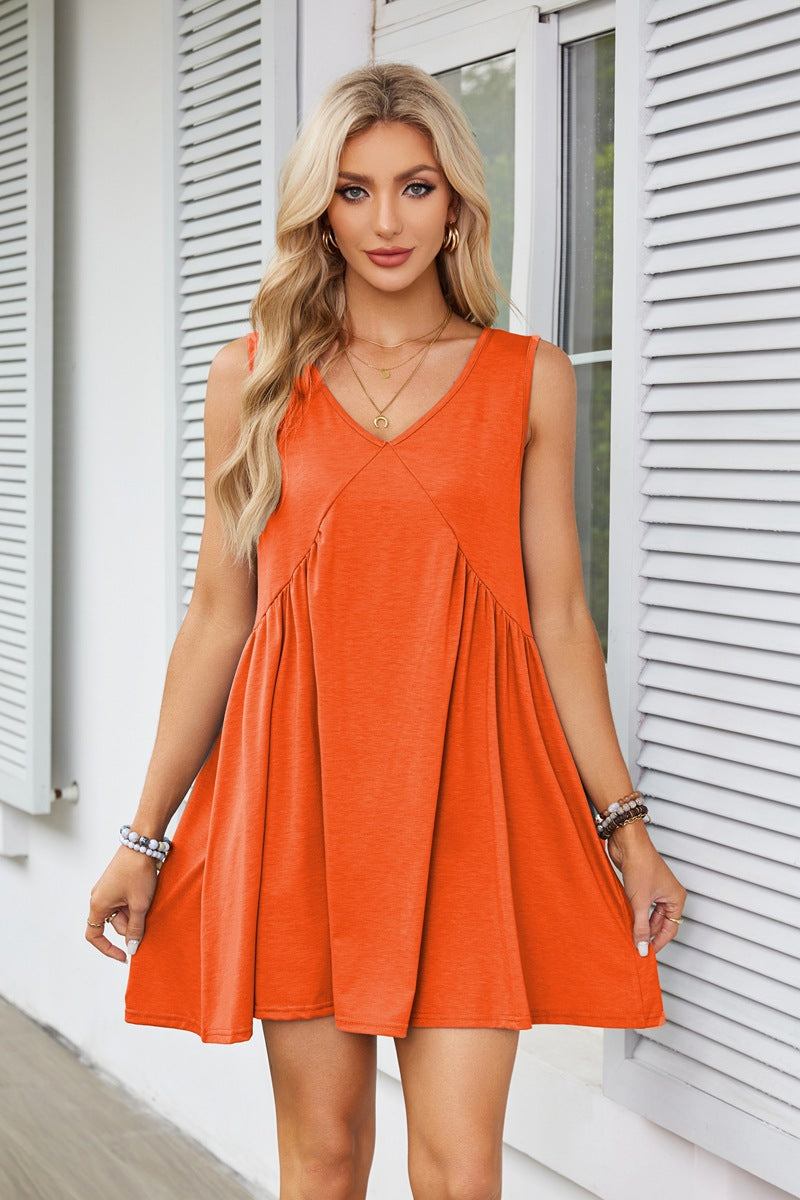 V-neck Sleeveless Pleated Vest Pocket Dresses