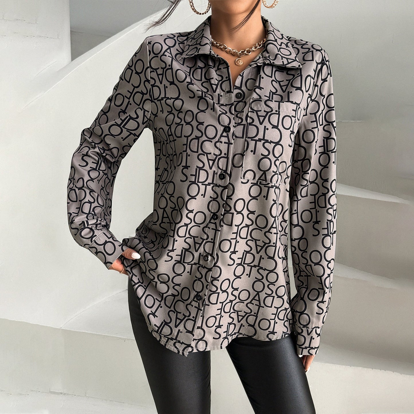 PUTRI - Monogram Print Button-Up Shirt