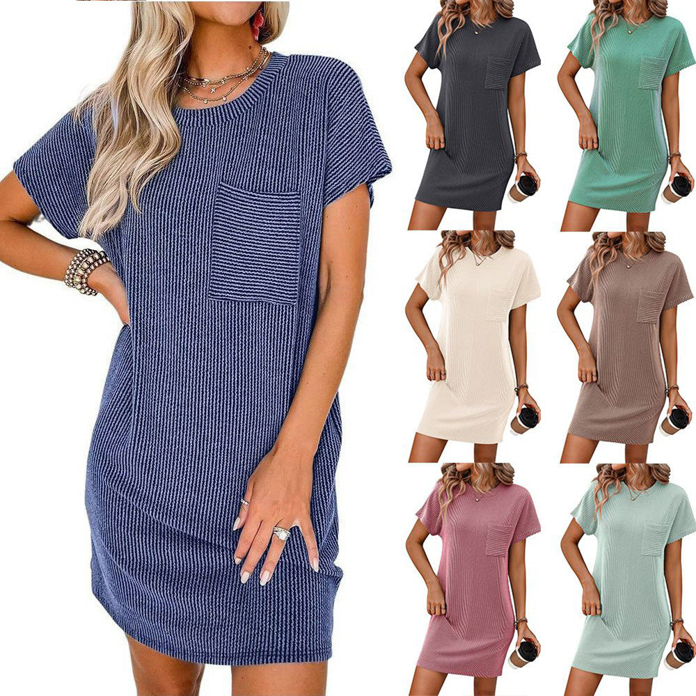 Summer Casual Short Sleeve Pocket Summer Short Dresses for Women