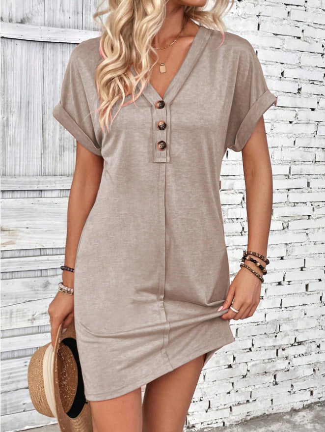 V Neck Button Short Sleeve Summer Casual Dresses