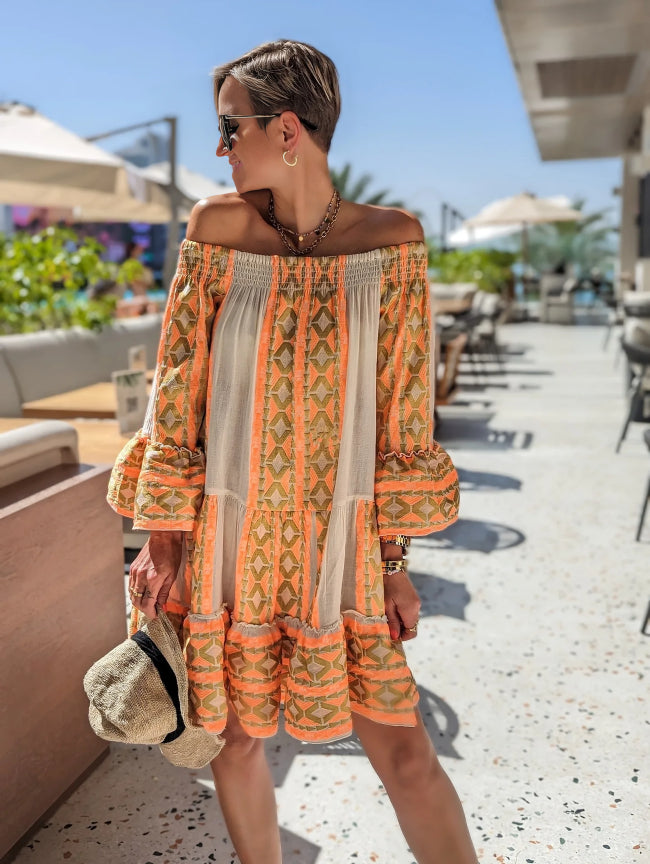 Malaine - Ethnic-print off-shoulder mini dress