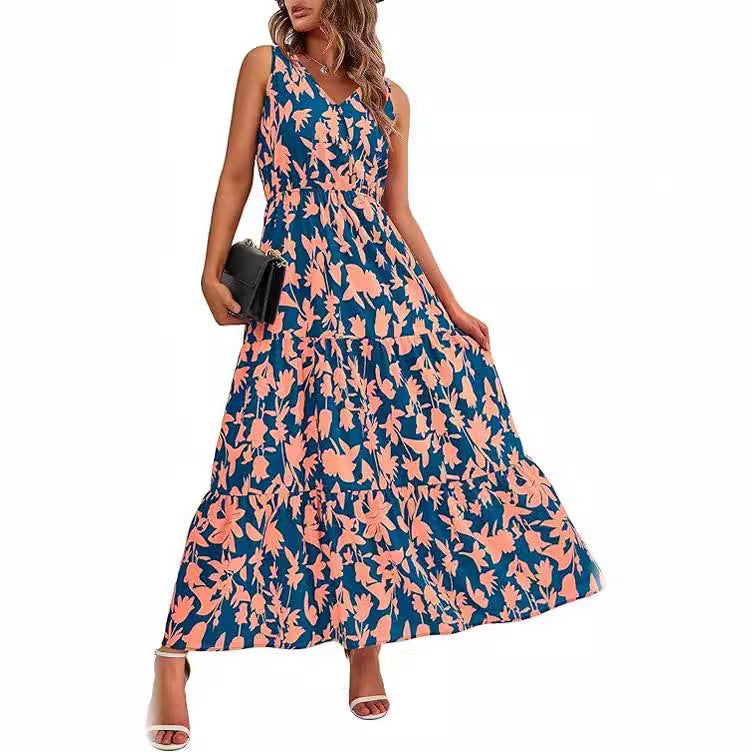 V-neck Elastic Waist Printed Casual Sleeveless Long Dresses