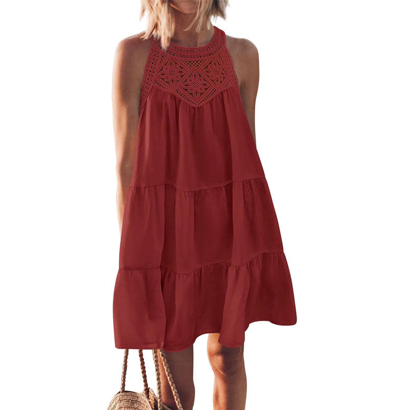 Summer Loose Lace Hollow  Sleeveless Short Dresses