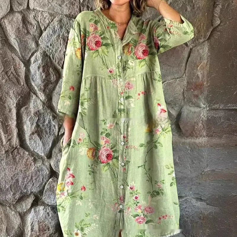 Women's Elegant Pastoral Floral Cotton and Linen Dress