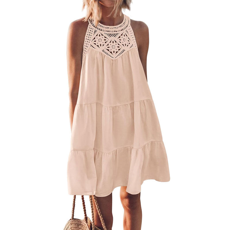 Summer Loose Lace Hollow  Sleeveless Short Dresses