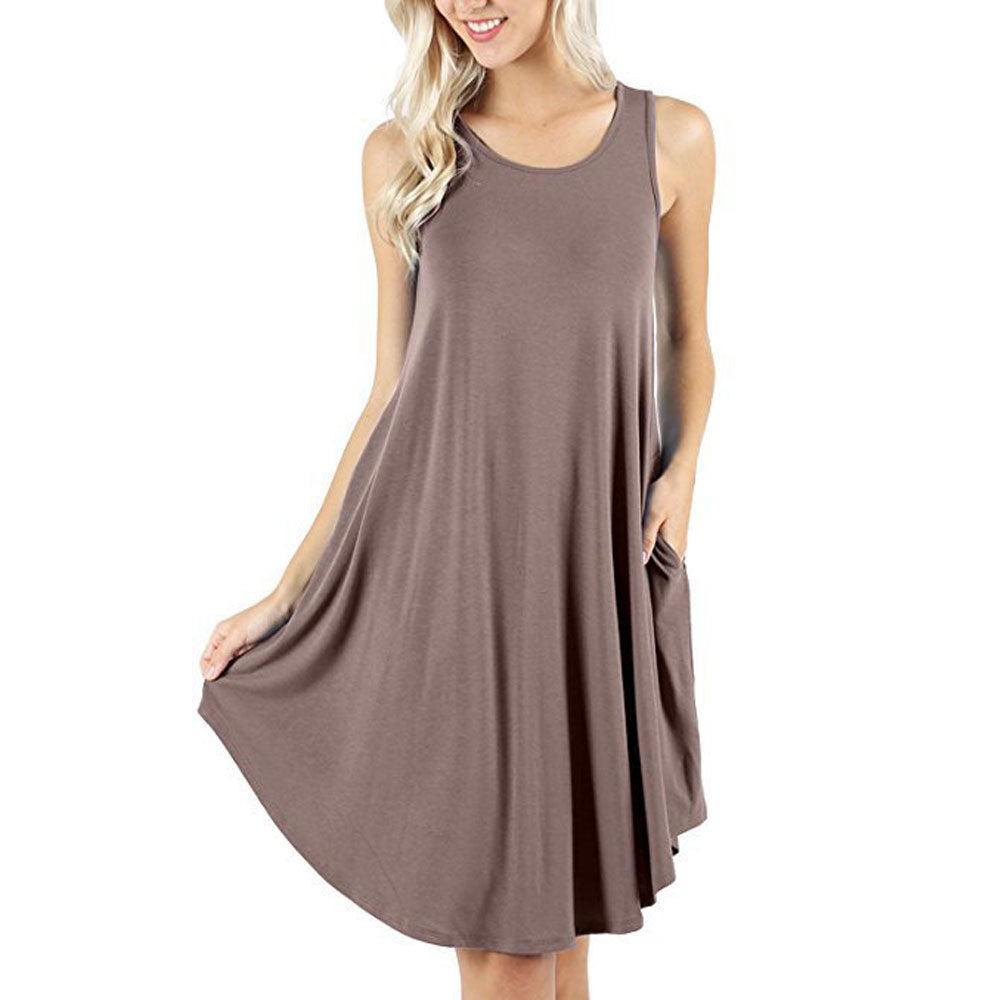 Women Solid Color Sleeveless Pocket Casual Large Hem Summer Dresses