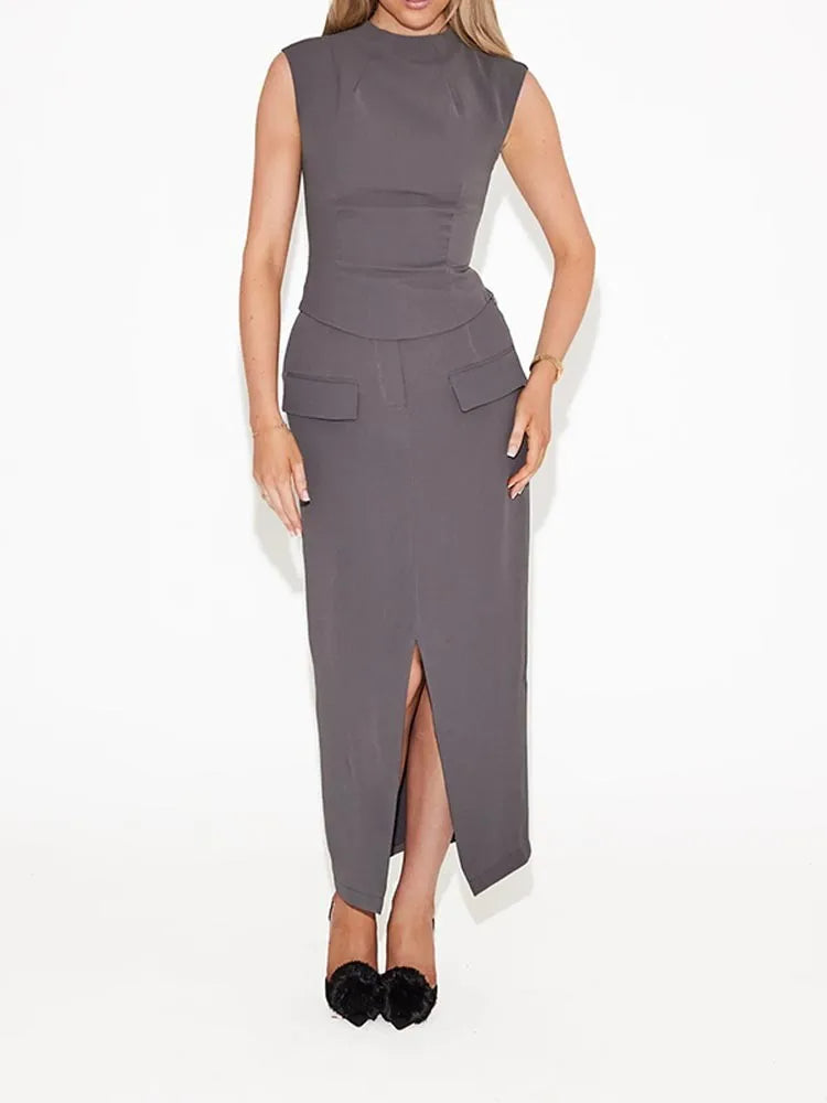 SINDRA - Two-Piece Midi Dress Set with Pocket Detail