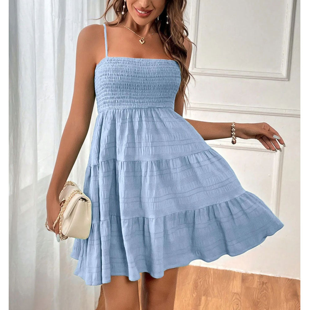 Summer Strap Solid Color Texture Short Dresses