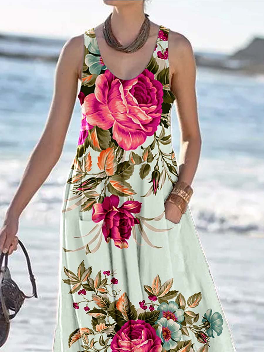 Women's Floral Print Resort Tank Top Dress with Pockets