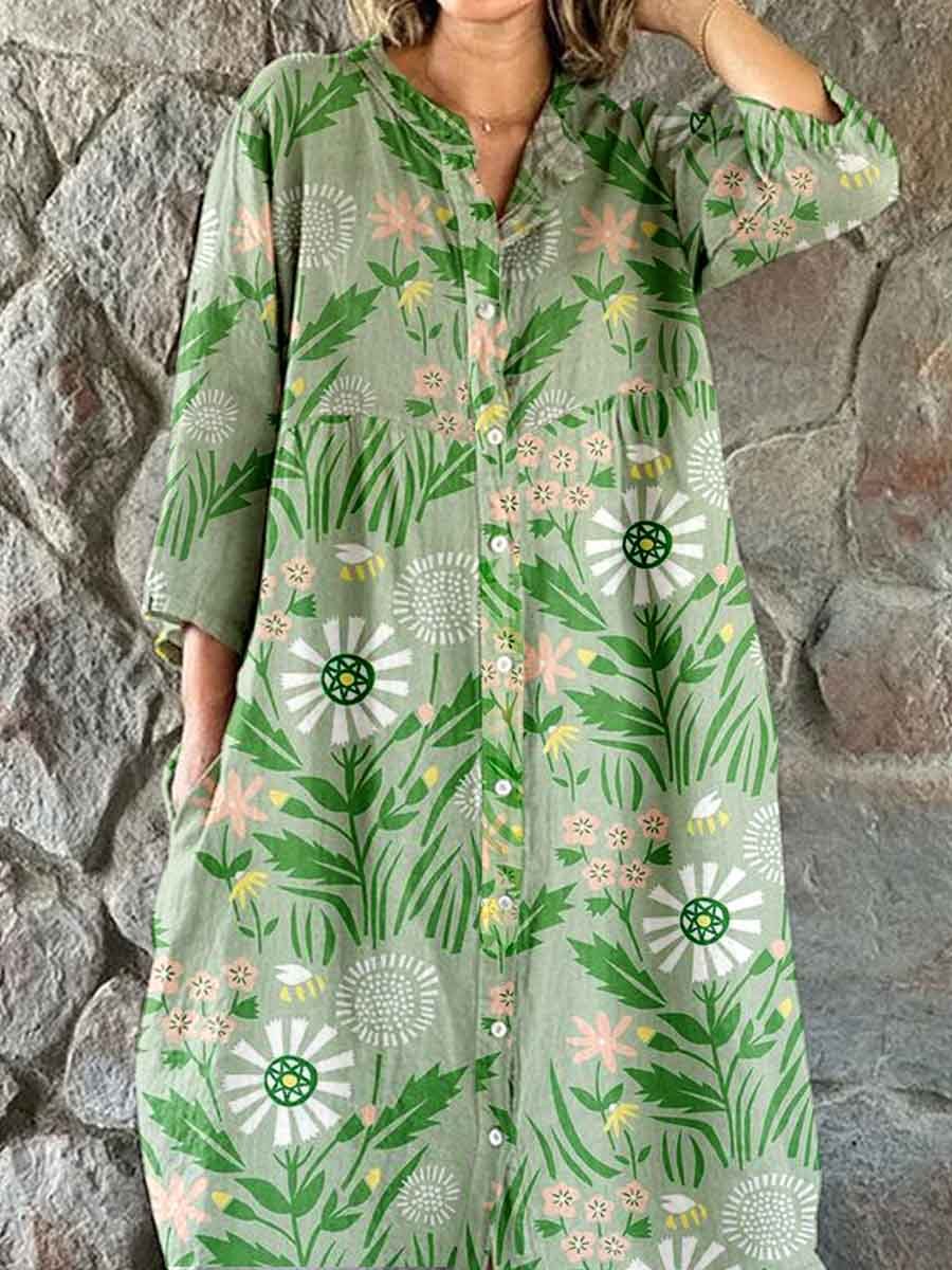 Women's Elegant Simple Floral Pattern Shirt Style Cotton and Linen Dress