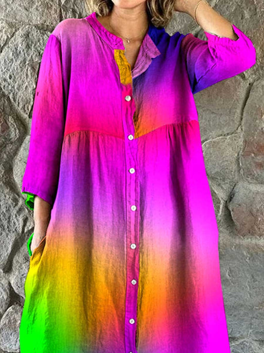 Women's Rainbow Color Gradient Print Elegant Simple Shirt Cotton and Linen Dress