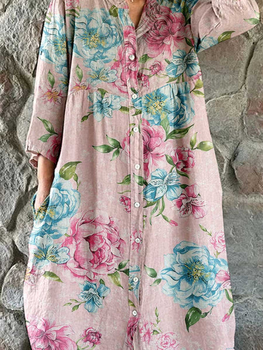 Women's  Rose Floral Art Print Cotton and Linen Shirt Dress