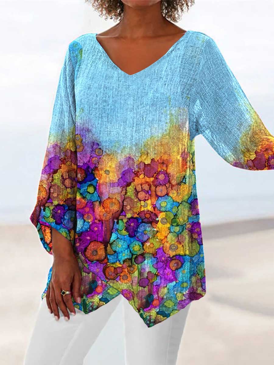 Women's Watercolor Abstract Poppy V-Neck Top