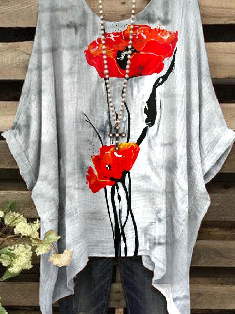 Women's V-Neck Art Oil Painting Poppy Floral Print Top