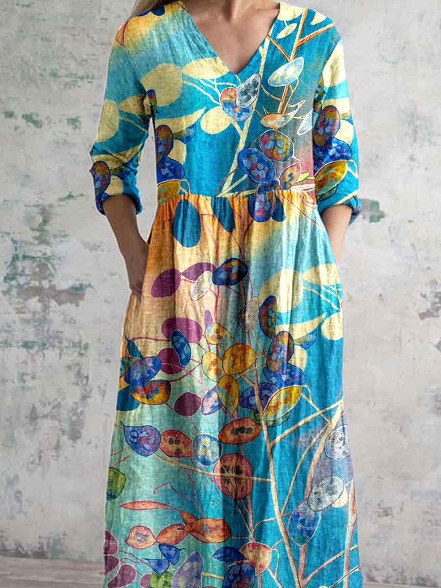 Women's Vintage Elegant Art Floral Pattern Cotton and Linen Dress with Pockets