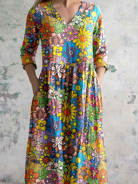 Women's Summer Floral Pattern Cotton And Linen Dress