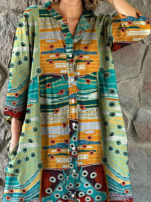 Women's Retro Art Geometric Texture Pattern Shirt Style Cotton And Linen Dress