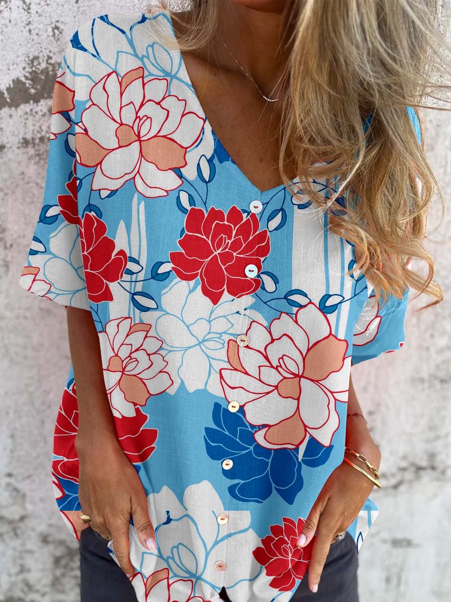 Women's Summer Rose Floral V-Neck Shirt-Style Cotton and Linen Top