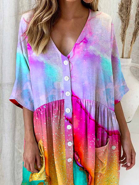 Women's Summer Rainbow Color Gradient Printed Cotton and Linen Dress