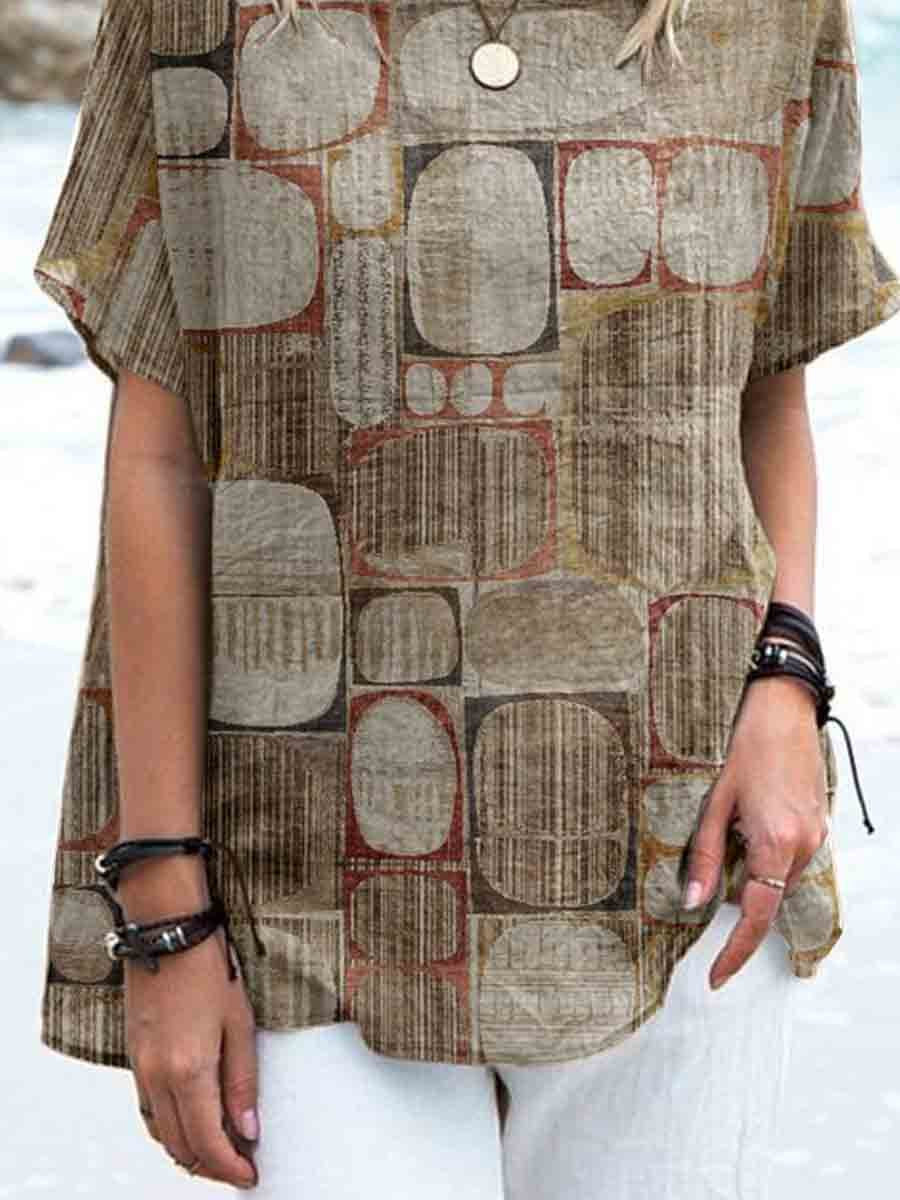 Women's Retro Art Geometric Pattern Printed Linen Top