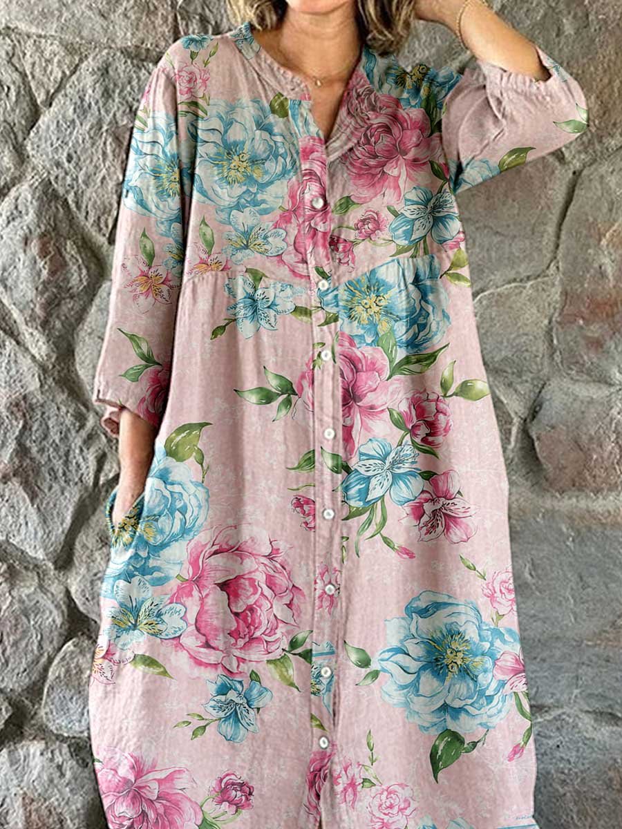 Women's  Rose Floral Art Print Cotton and Linen Shirt Dress