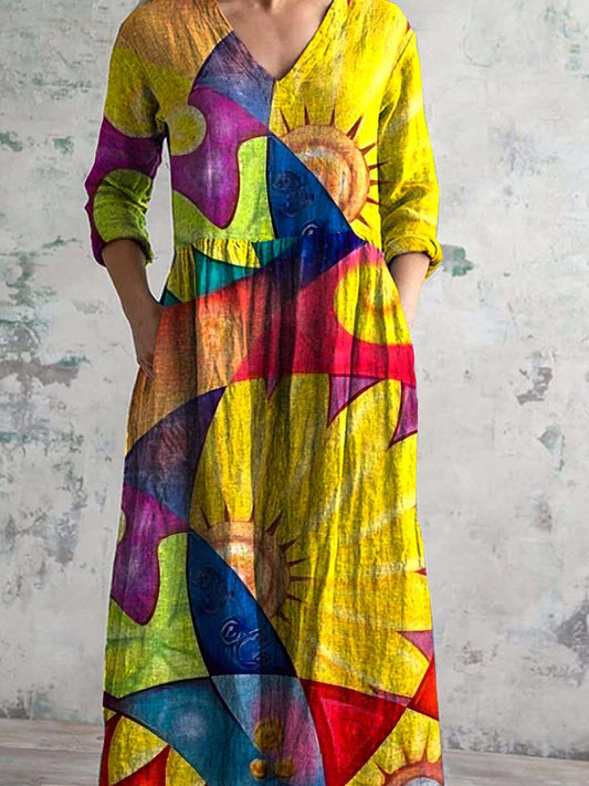 Women's V-neck Rainbow Art Cotton And Linen Dress With Pockets