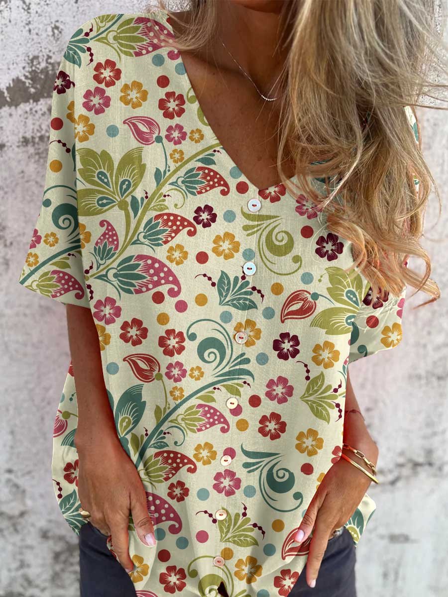 Women's Simple Decorative Floral Pattern V-neck shirt Style Cotton and Linen Top