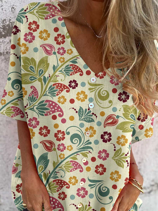 Women's Simple Decorative Floral Pattern V-neck shirt Style Cotton and Linen Top