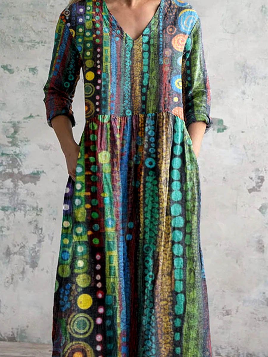 Women's Vintage Bohemian Pattern V Neck Dress with Pockets