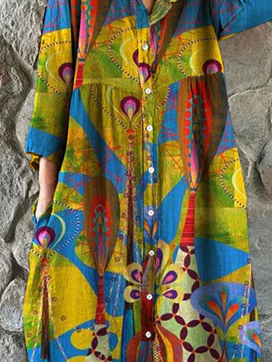 Women's Retro Art Geometric Split Color Pattern Shirt Style Cotton and Linen Dress