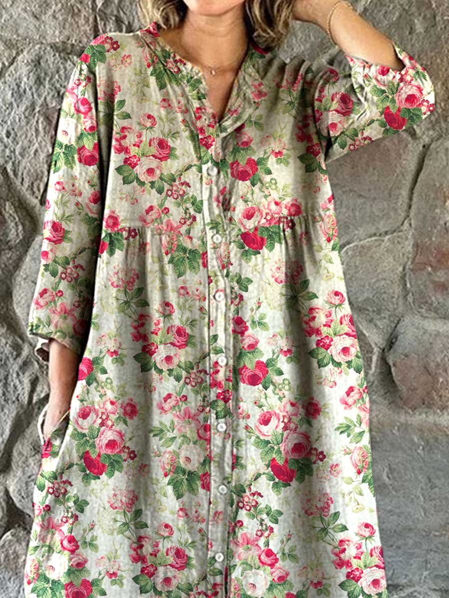 Women's Elegant Pastoral Floral Cotton and Linen Dress